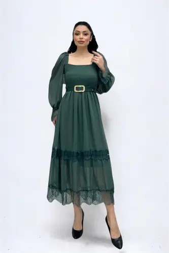 Chiffon Fabric Ruched Lace Detailed Midi Dress - KHAKI GREEN - 5