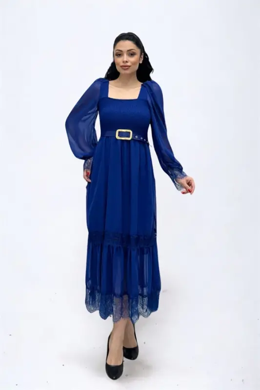 Chiffon Fabric Ruched Lace Detailed Midi Dress - SAXE BLUE - 2