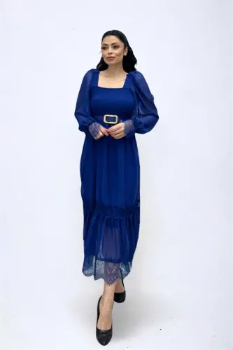Chiffon Fabric Ruched Lace Detailed Midi Dress - SAXE BLUE - 4