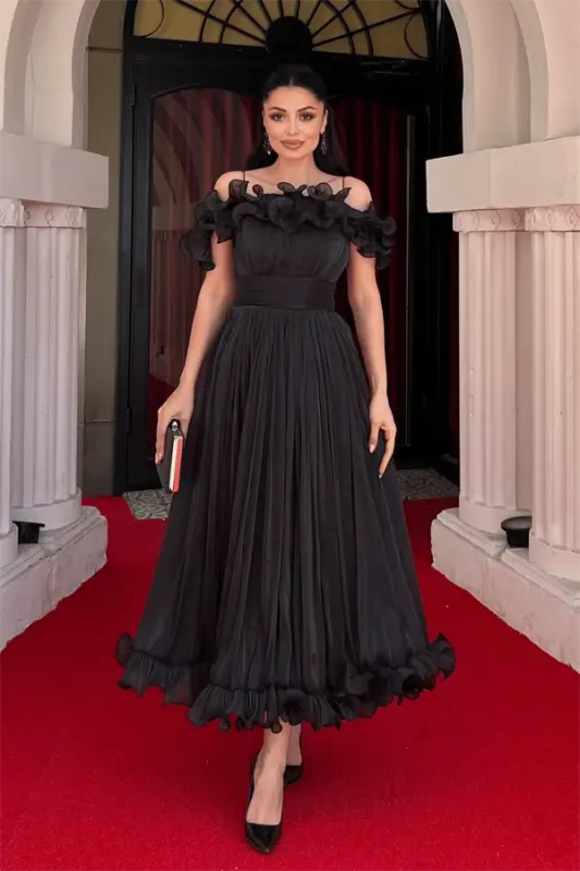 Chiffon Fabric Ruffle Detail Midi Dress - BLACK - BÜYÜKBEDENIZ