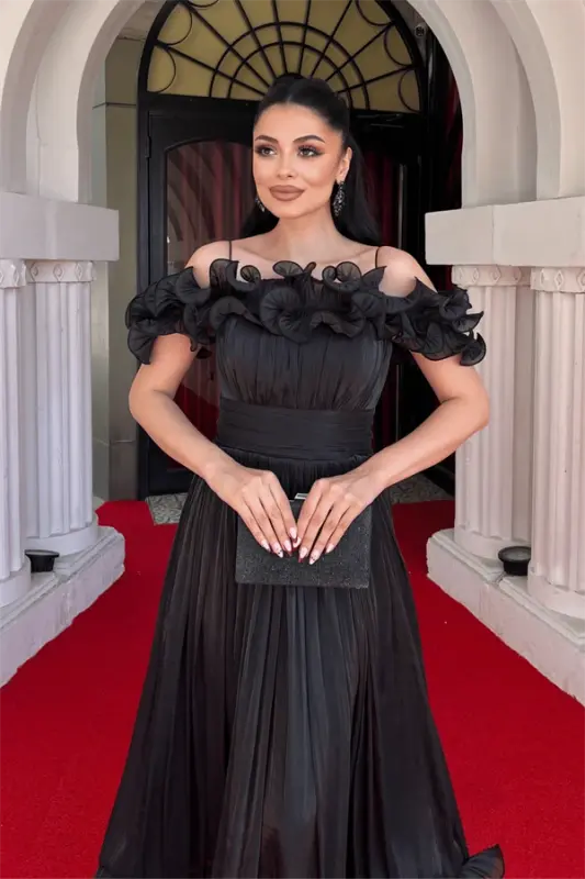 Chiffon Fabric Ruffle Detail Midi Dress - BLACK - 4