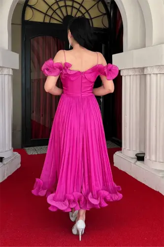Chiffon Fabric Ruffle Detail Midi Dress - FUCHSIA - 5