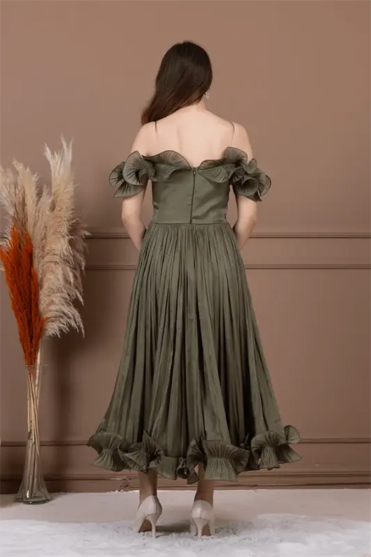 Chiffon Fabric Ruffle Detail Midi Dress - KHAKI GREEN - 5