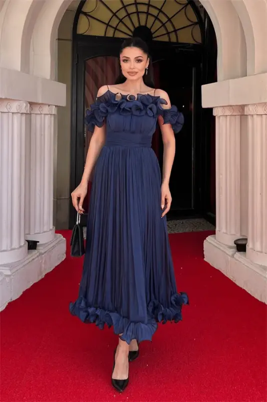 Chiffon Fabric Ruffle Detail Midi Dress - NAVY BLUE - 6