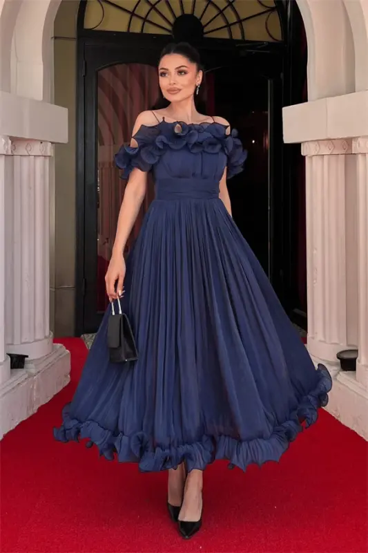 Chiffon Fabric Ruffle Detail Midi Dress - NAVY BLUE - 7