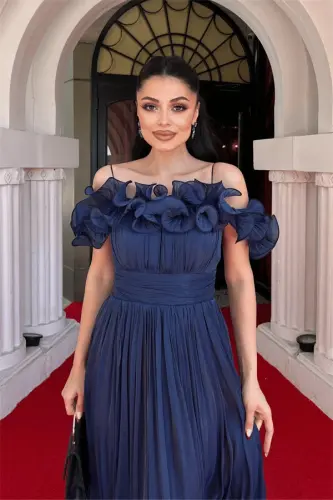 Chiffon Fabric Ruffle Detail Midi Dress - NAVY BLUE - 8