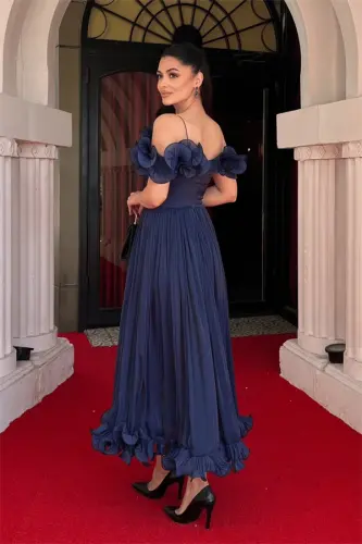 Chiffon Fabric Ruffle Detail Midi Dress - NAVY BLUE - 10