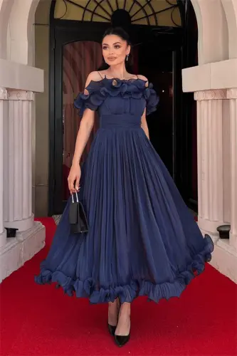 Chiffon Fabric Ruffle Detail Midi Dress - NAVY BLUE - BÜYÜKBEDENIZ (1)