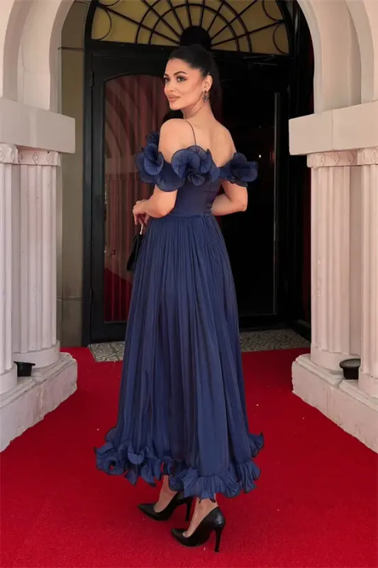 Chiffon Fabric Ruffle Detail Midi Dress - NAVY BLUE - 5