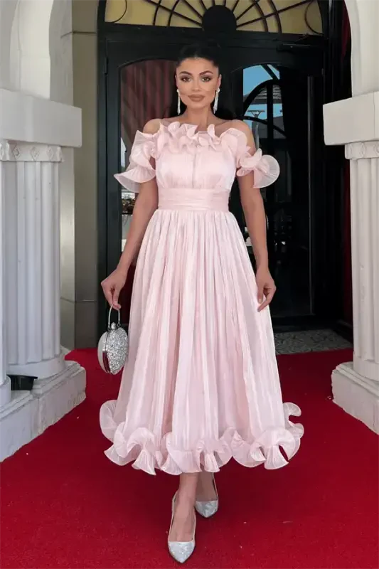 Chiffon Fabric Ruffle Detail Midi Dress - POWDER - BÜYÜKBEDENIZ