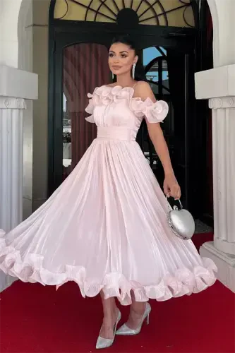 Chiffon Fabric Ruffle Detail Midi Dress - POWDER - BÜYÜKBEDENIZ (1)