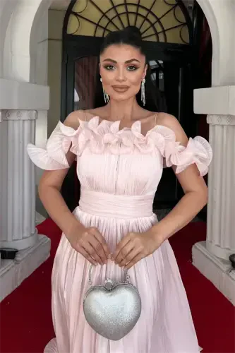 Chiffon Fabric Ruffle Detail Midi Dress - POWDER - 3