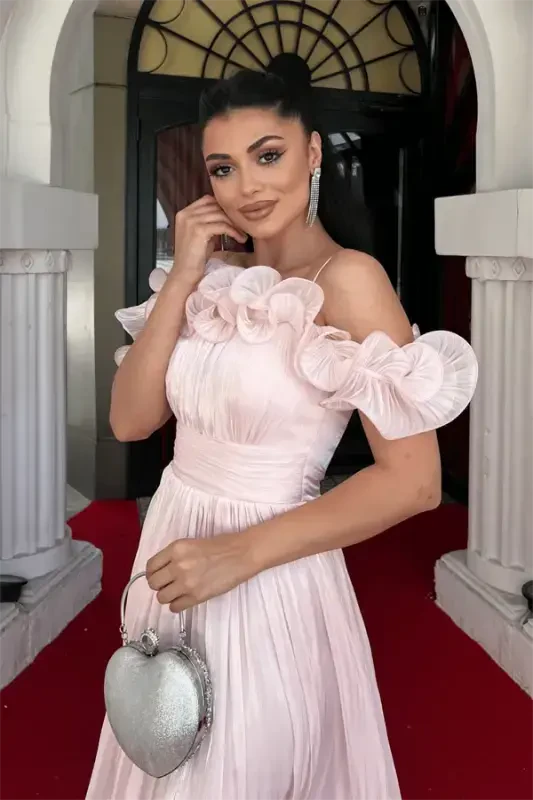 Chiffon Fabric Ruffle Detail Midi Dress - POWDER - 4