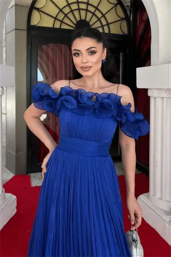 Chiffon Fabric Ruffle Detail Midi Dress - SAX BLUE - 3
