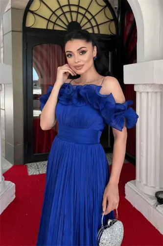 Chiffon Fabric Ruffle Detail Midi Dress - SAX BLUE - 4