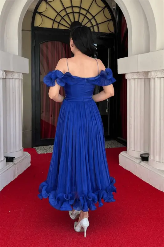 Chiffon Fabric Ruffle Detail Midi Dress - SAX BLUE - 5