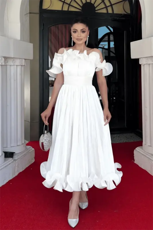 Chiffon Fabric Ruffle Detail Midi Dress - WHITE - BÜYÜKBEDENIZ