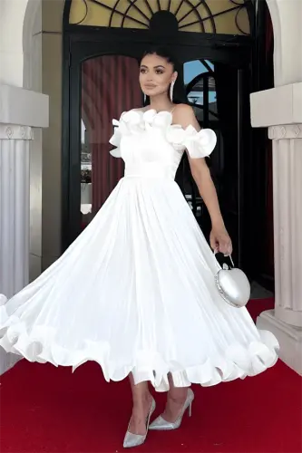 Chiffon Fabric Ruffle Detail Midi Dress - WHITE - BÜYÜKBEDENIZ (1)