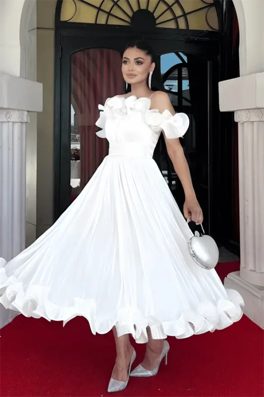 Chiffon Fabric Ruffle Detail Midi Dress - WHITE - 2