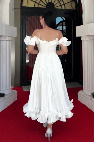 Chiffon Fabric Ruffle Detail Midi Dress - WHITE - 5