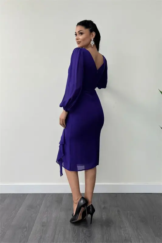 Chiffon Fabric Ruffle Detail Pencil Dress - PURPLE - 10