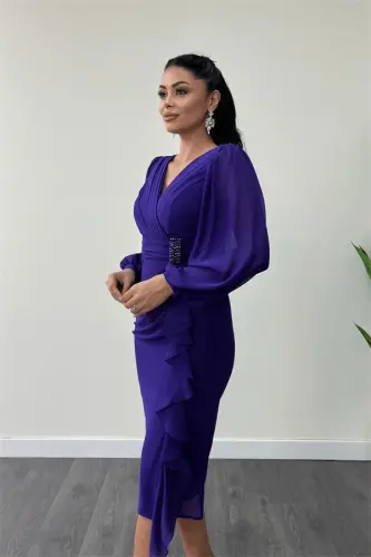 Chiffon Fabric Ruffle Detail Pencil Dress - PURPLE - 4