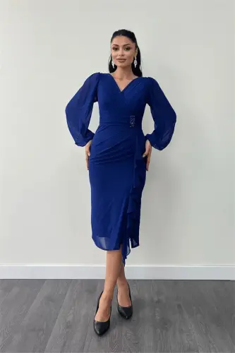 Chiffon Fabric Ruffle Detail Pencil Dress - SAX BLUE - 1