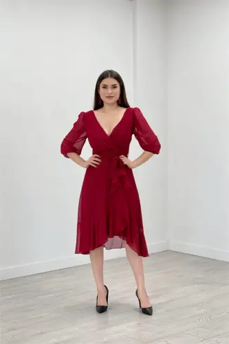 Chiffon Fabric Ruffle Detailed Evening Dress - BURGUNDY - 6