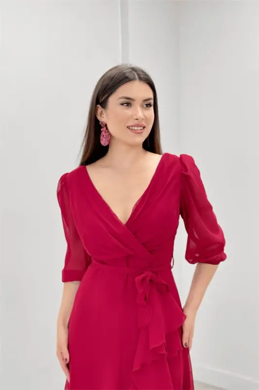 Chiffon Fabric Ruffle Detailed Evening Dress - BURGUNDY - 9