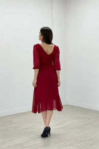 Chiffon Fabric Ruffle Detailed Evening Dress - BURGUNDY - 5