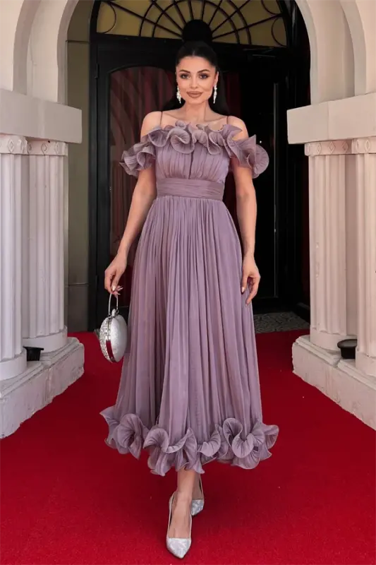 Chiffon Fabric Ruffle Detailed Midi Dress - DUSTY ROSE - BÜYÜKBEDENIZ