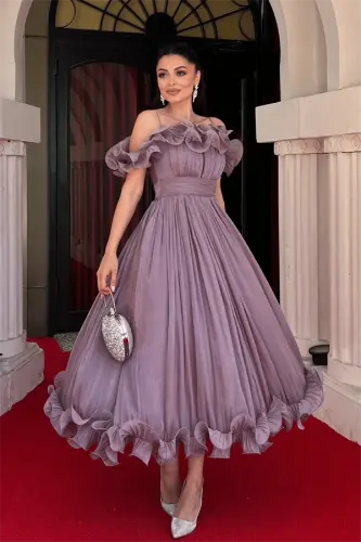 Chiffon Fabric Ruffle Detailed Midi Dress - DUSTY ROSE - BÜYÜKBEDENIZ (1)