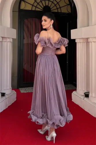 Chiffon Fabric Ruffle Detailed Midi Dress - DUSTY ROSE - 5