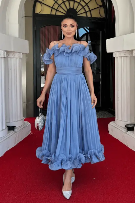 Chiffon Fabric Ruffle Detailed Midi Dress - INDIGO BLUE - 1