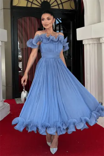 Chiffon Fabric Ruffle Detailed Midi Dress - INDIGO BLUE - BÜYÜKBEDENIZ (1)