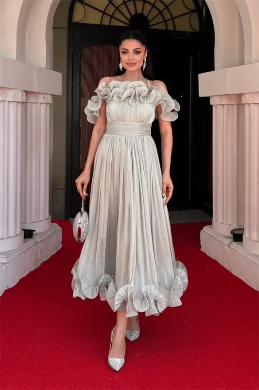 Chiffon Fabric Ruffle Detailed Midi Dress - MINT GREEN - BÜYÜKBEDENIZ