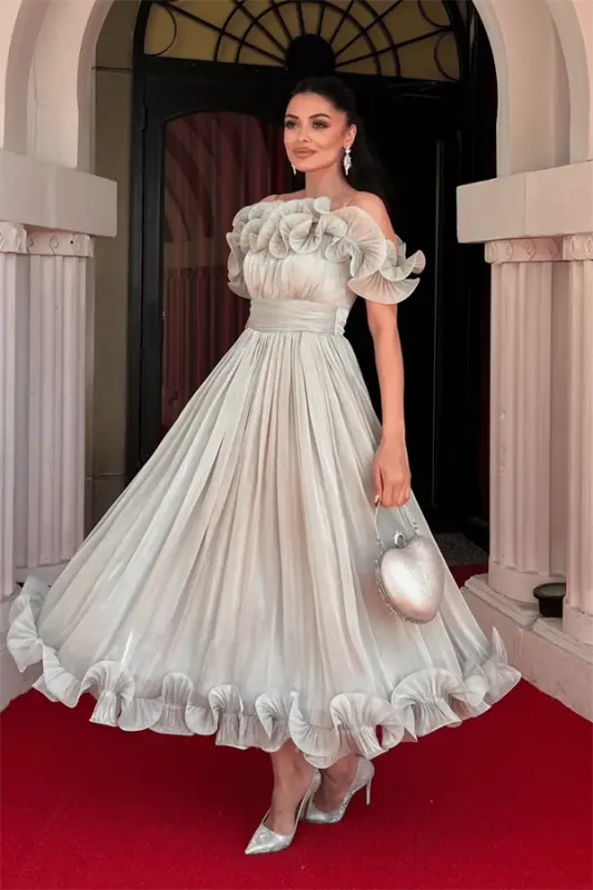 Chiffon Fabric Ruffle Detailed Midi Dress - MINT GREEN - 2