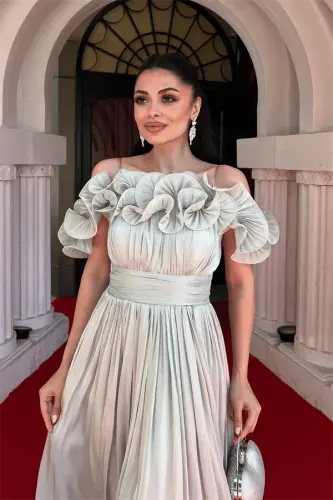 Chiffon Fabric Ruffle Detailed Midi Dress - MINT GREEN - 3