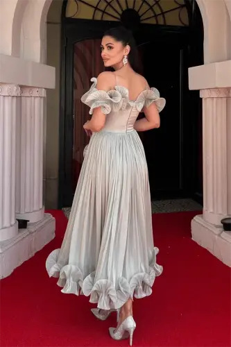 Chiffon Fabric Ruffle Detailed Midi Dress - MINT GREEN - 5