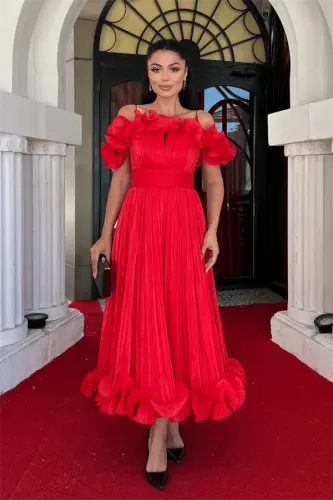 Chiffon Fabric Ruffle Detailed Midi Dress - RED - 1