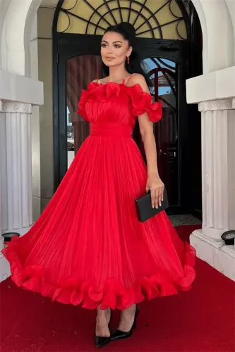 Chiffon Fabric Ruffle Detailed Midi Dress - RED - BÜYÜKBEDENIZ (1)