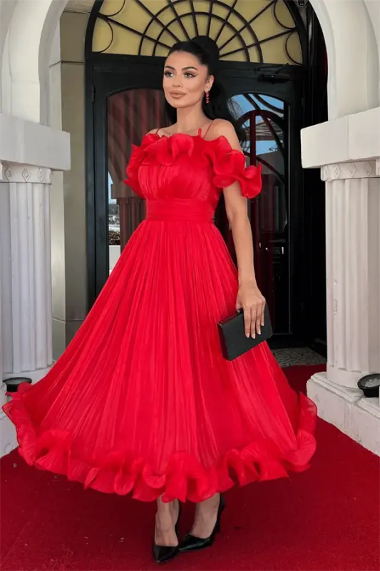 Chiffon Fabric Ruffle Detailed Midi Dress - RED - 2