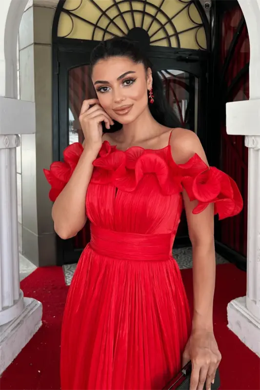 Chiffon Fabric Ruffle Detailed Midi Dress - RED - 3