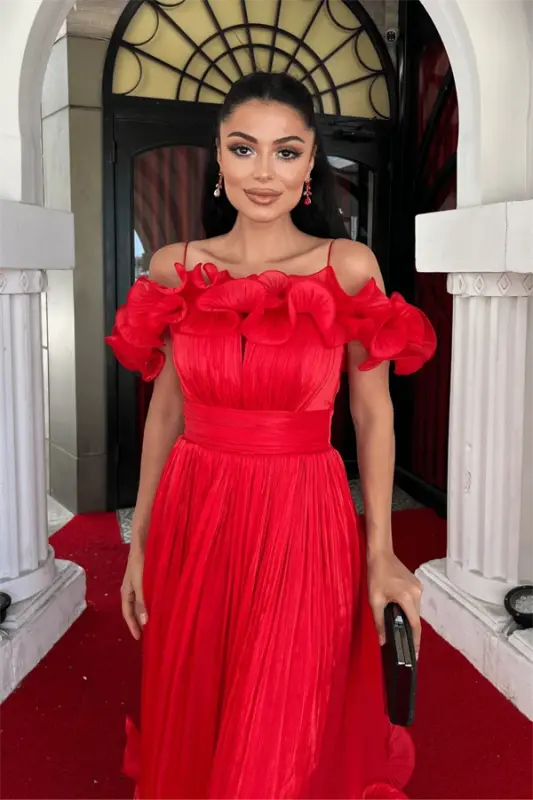 Chiffon Fabric Ruffle Detailed Midi Dress - RED - 4