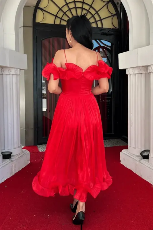 Chiffon Fabric Ruffle Detailed Midi Dress - RED - 5