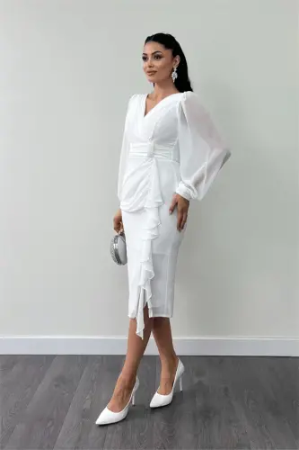 Chiffon Fabric Ruffle Detailed Pencil Dress - WHITE - BÜYÜKBEDENIZ (1)