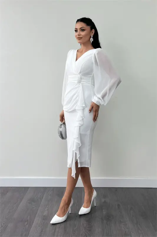 Chiffon Fabric Ruffle Detailed Pencil Dress - WHITE - 2