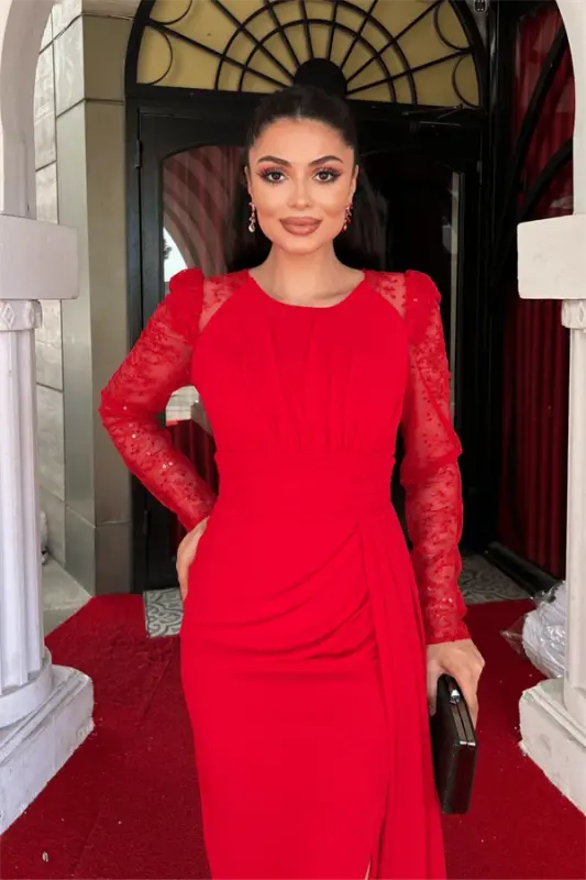 Chiffon Fabric Sequin Embellished Pencil Dress - RED - 3