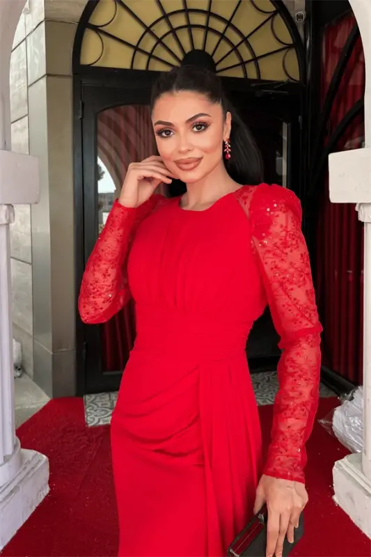 Chiffon Fabric Sequin Embellished Pencil Dress - RED - 4