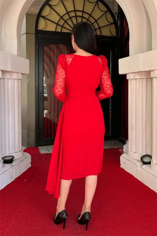 Chiffon Fabric Sequin Embellished Pencil Dress - RED - 5